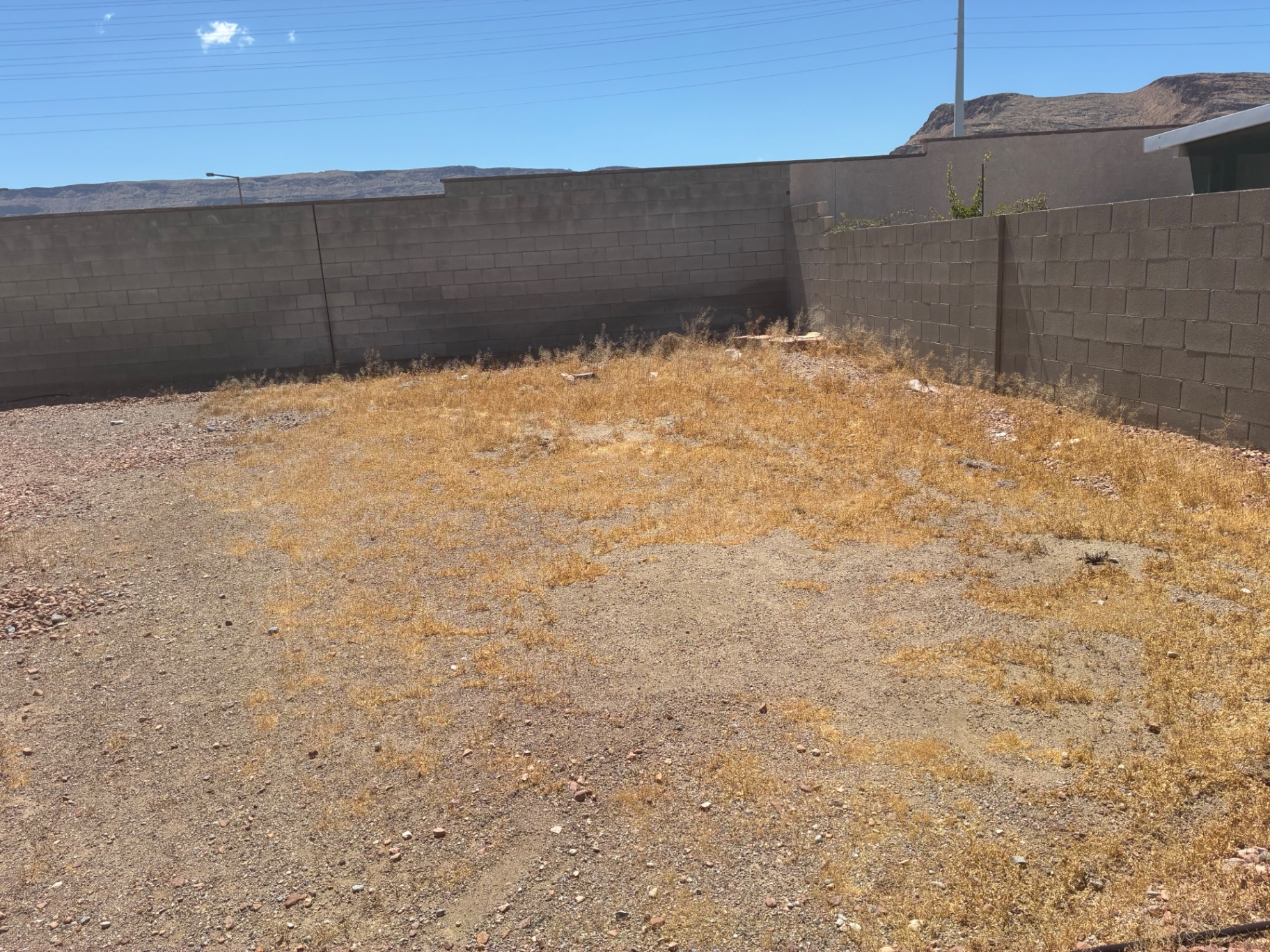 Barren backyard with dirt ground and a high concrete block wall under a clear blue sky