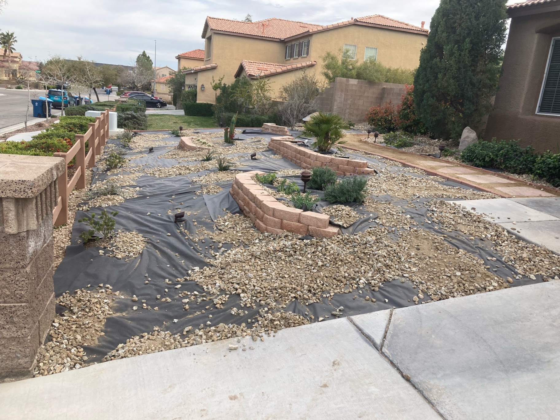 Xeriscape front yard with raised rock beds and desert plantings