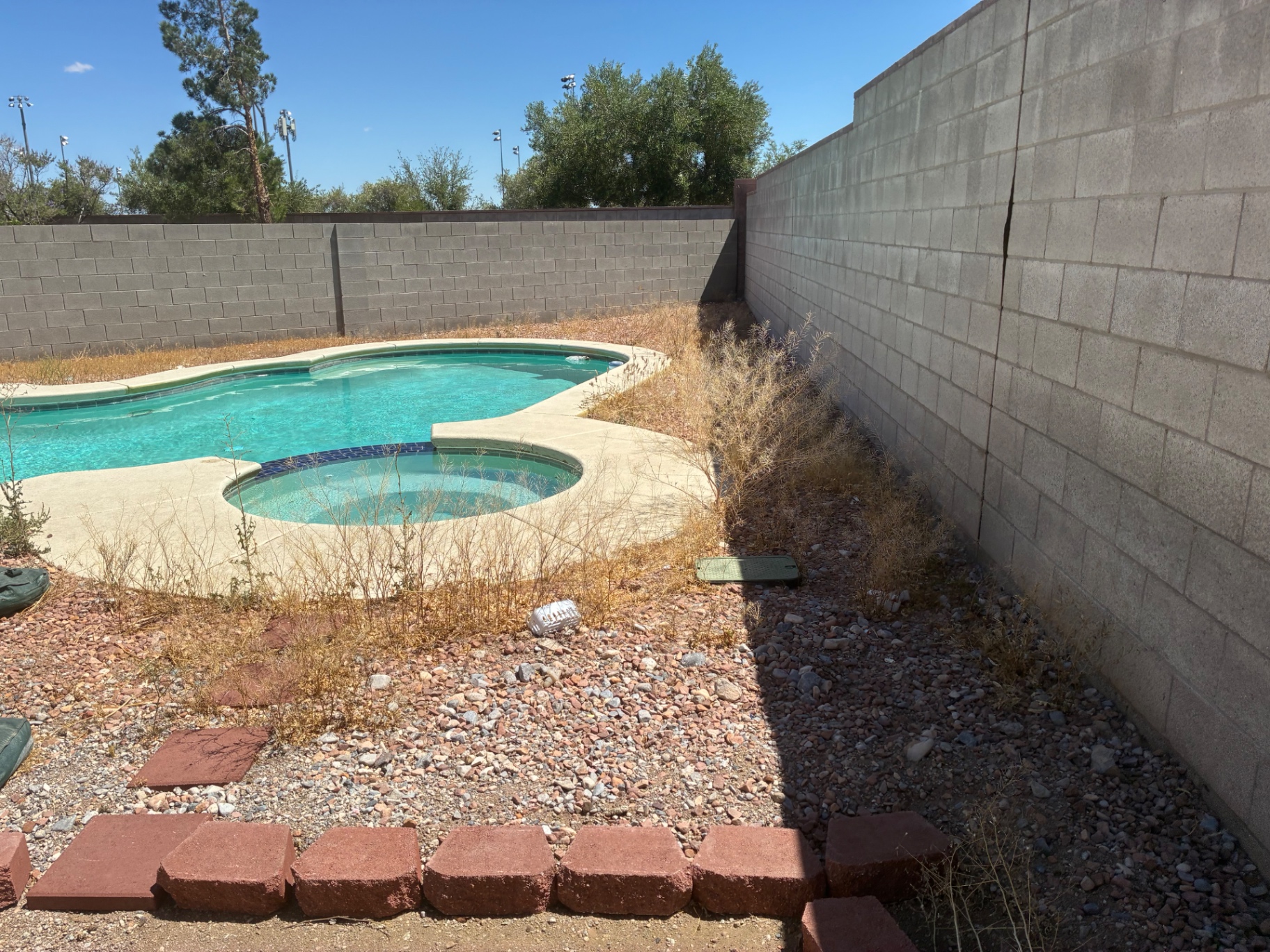 Pool and spa with overgrown dry weeds in the surrounding rock beds