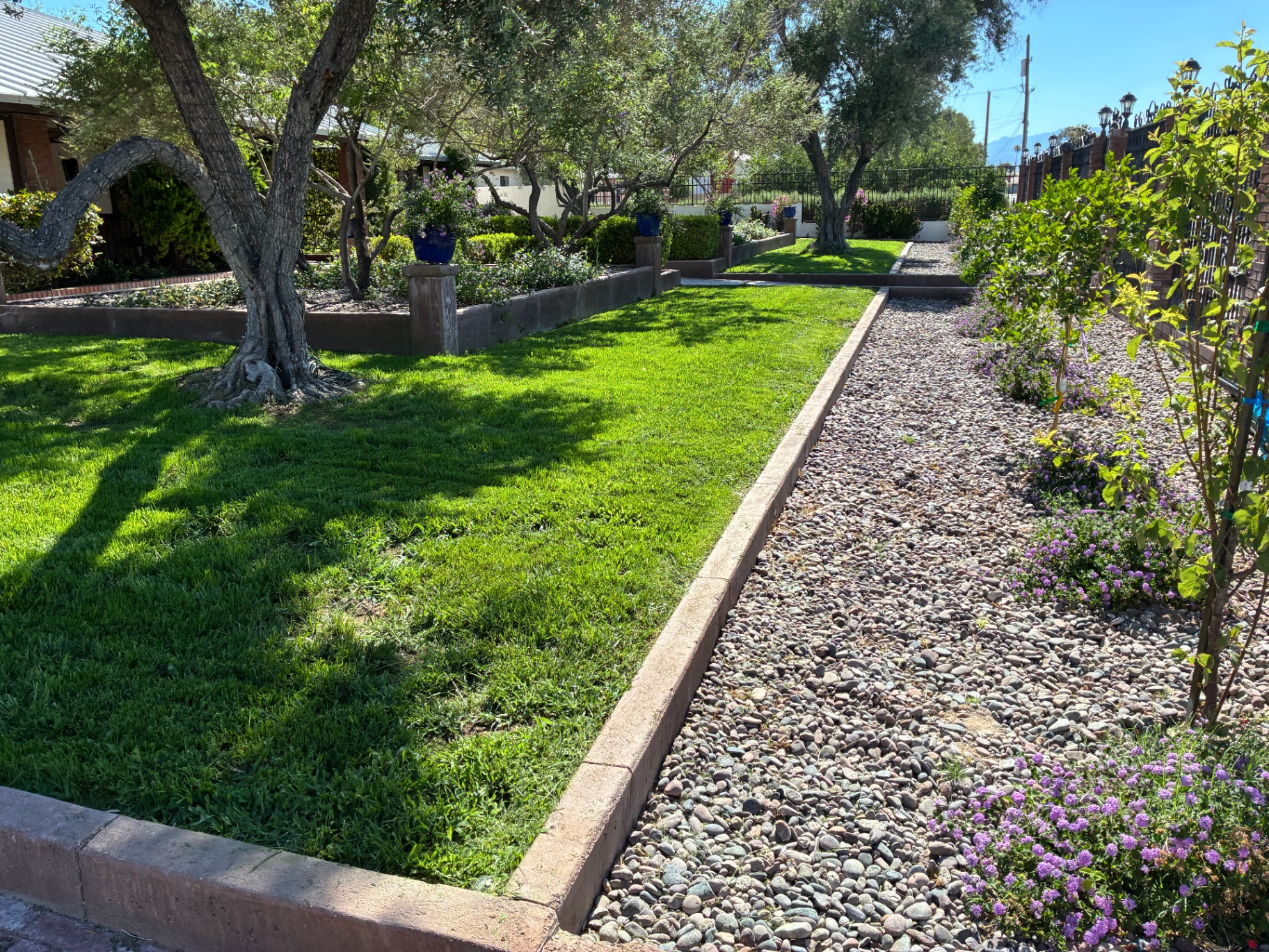 Well-kept lawn and garden beds in a maintained landscape