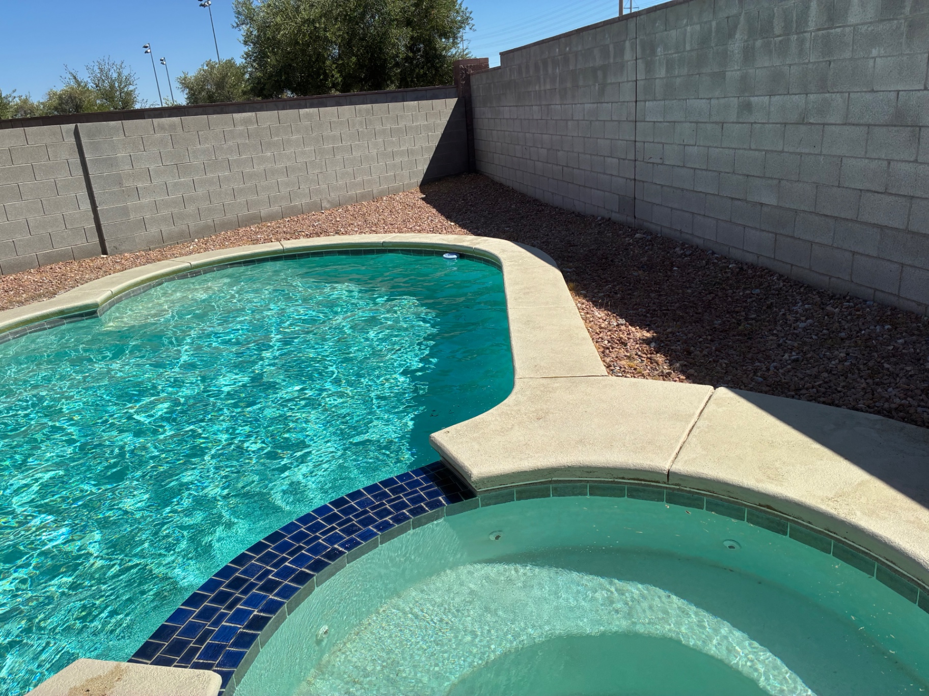 Close-up of the cleaned pool and spa with dark blue waterline tile and beige coping